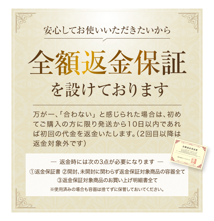 万が一、満足できなければ初回購入分の代金を全額返金いたします